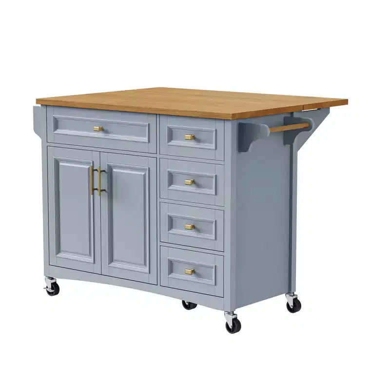 Isola da Cucina da 52'' in Stile Rustico con Anta a Ribalta, Carrello di Servizio con 2 Armadietti, 5 Cassetti, Porta Spezie e Porta Asciugamani, Ripiani Regolabili