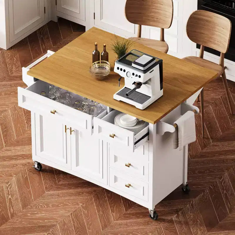 Isola da Cucina da 52'' in Stile Rustico con Anta a Ribalta, Carrello di Servizio con 2 Armadietti, 5 Cassetti, Porta Spezie e Porta Asciugamani, Ripiani Regolabili