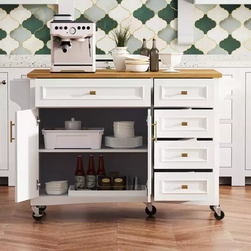 Isola da Cucina da 52'' in Stile Rustico con Anta a Ribalta, Carrello di Servizio con 2 Armadietti, 5 Cassetti, Porta Spezie e Porta Asciugamani, Ripiani Regolabili
