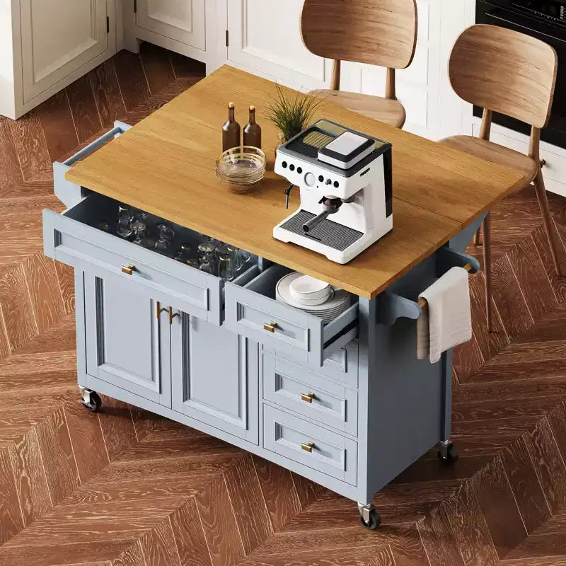 Isola da Cucina da 52'' in Stile Rustico con Anta a Ribalta, Carrello di Servizio con 2 Armadietti, 5 Cassetti, Porta Spezie e Porta Asciugamani, Ripiani Regolabili
