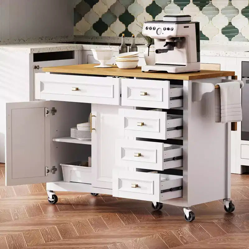 Isola da Cucina da 52'' in Stile Rustico con Anta a Ribalta, Carrello di Servizio con 2 Armadietti, 5 Cassetti, Porta Spezie e Porta Asciugamani, Ripiani Regolabili