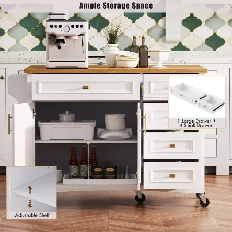 Isola da Cucina da 52'' in Stile Rustico con Anta a Ribalta, Carrello di Servizio con 2 Armadietti, 5 Cassetti, Porta Spezie e Porta Asciugamani, Ripiani Regolabili