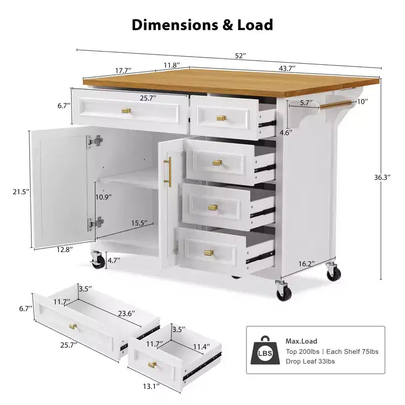 Isola da Cucina da 52'' in Stile Rustico con Anta a Ribalta, Carrello di Servizio con 2 Armadietti, 5 Cassetti, Porta Spezie e Porta Asciugamani, Ripiani Regolabili