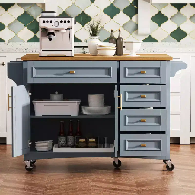 Isola da Cucina da 52'' in Stile Rustico con Anta a Ribalta, Carrello di Servizio con 2 Armadietti, 5 Cassetti, Porta Spezie e Porta Asciugamani, Ripiani Regolabili