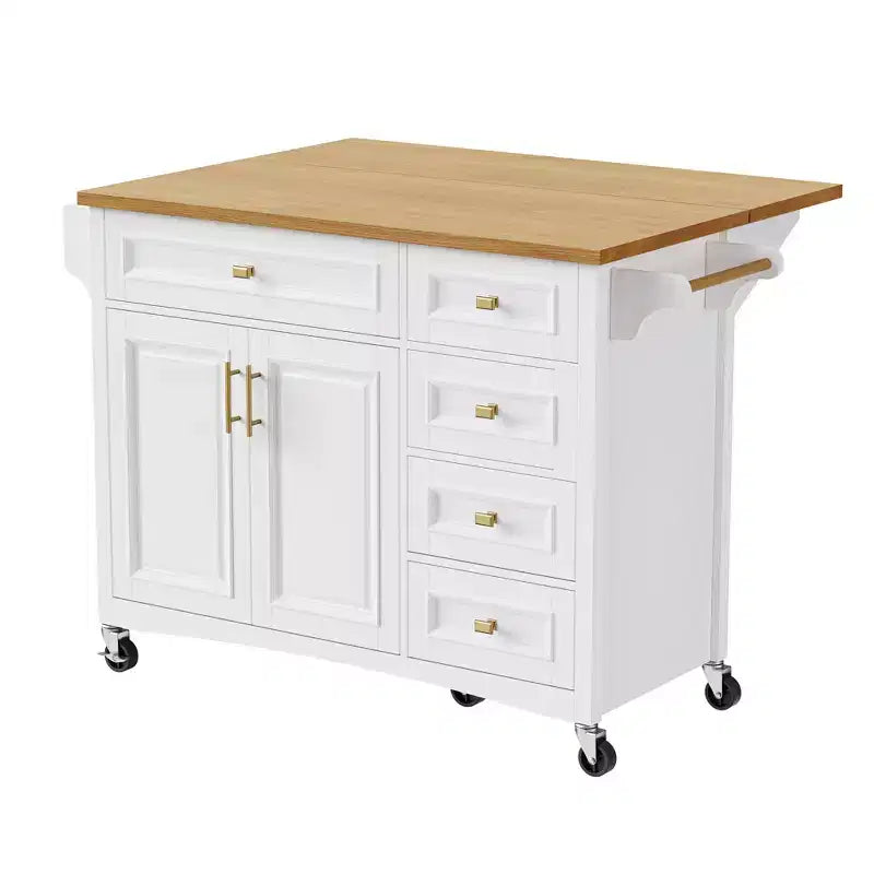 Isola da Cucina da 52'' in Stile Rustico con Anta a Ribalta, Carrello di Servizio con 2 Armadietti, 5 Cassetti, Porta Spezie e Porta Asciugamani, Ripiani Regolabili