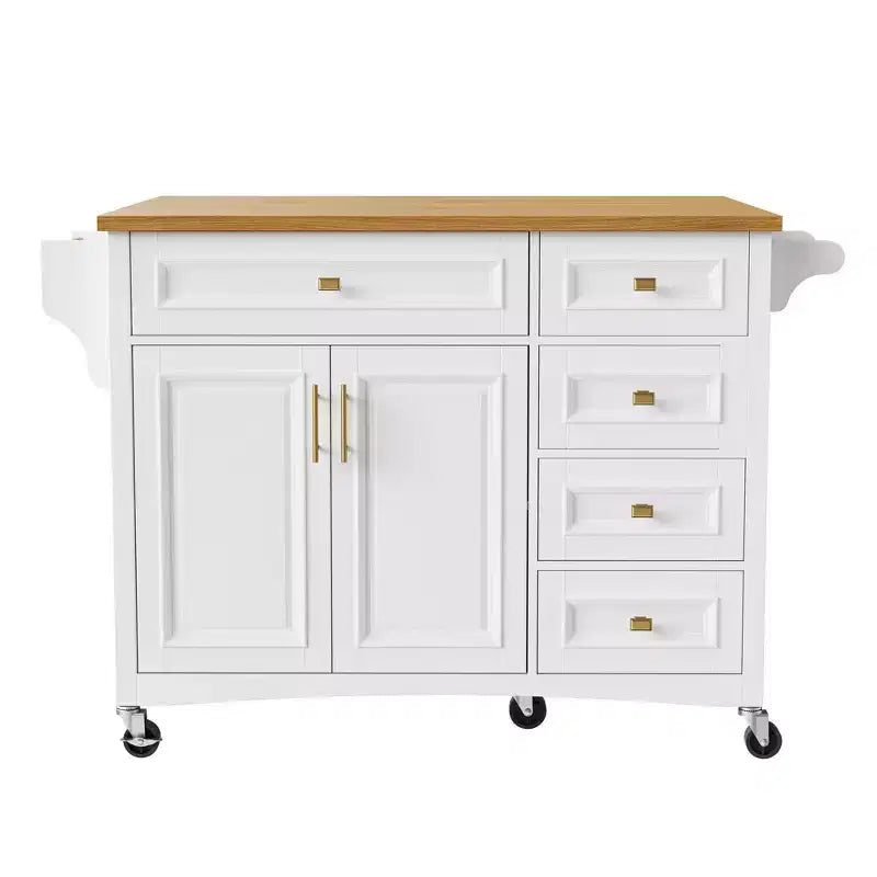 Isola da Cucina da 52'' in Stile Rustico con Anta a Ribalta, Carrello di Servizio con 2 Armadietti, 5 Cassetti, Porta Spezie e Porta Asciugamani, Ripiani Regolabili