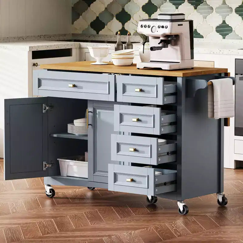 Isola da Cucina da 52'' in Stile Rustico con Anta a Ribalta, Carrello di Servizio con 2 Armadietti, 5 Cassetti, Porta Spezie e Porta Asciugamani, Ripiani Regolabili