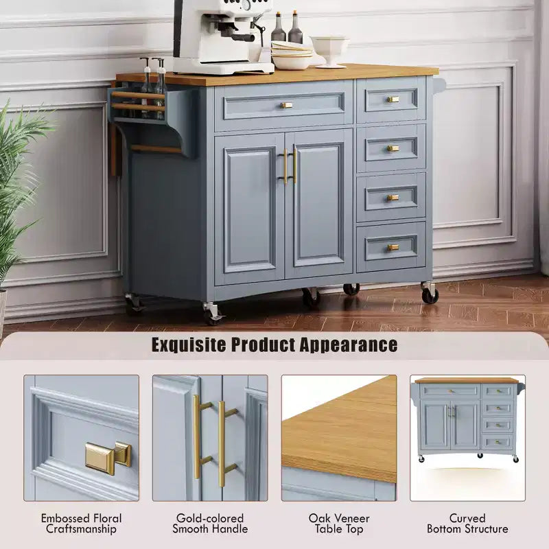 Isola da Cucina da 52'' in Stile Rustico con Anta a Ribalta, Carrello di Servizio con 2 Armadietti, 5 Cassetti, Porta Spezie e Porta Asciugamani, Ripiani Regolabili