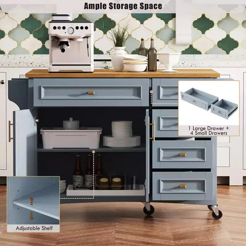 Isola da Cucina da 52'' in Stile Rustico con Anta a Ribalta, Carrello di Servizio con 2 Armadietti, 5 Cassetti, Porta Spezie e Porta Asciugamani, Ripiani Regolabili