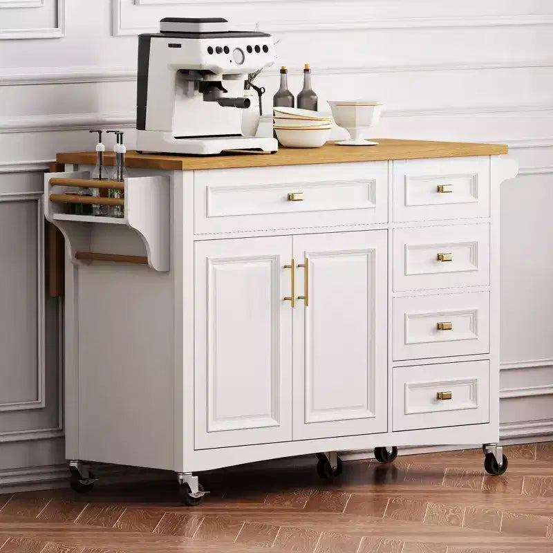 Isola da Cucina da 52'' in Stile Rustico con Anta a Ribalta, Carrello di Servizio con 2 Armadietti, 5 Cassetti, Porta Spezie e Porta Asciugamani, Ripiani Regolabili