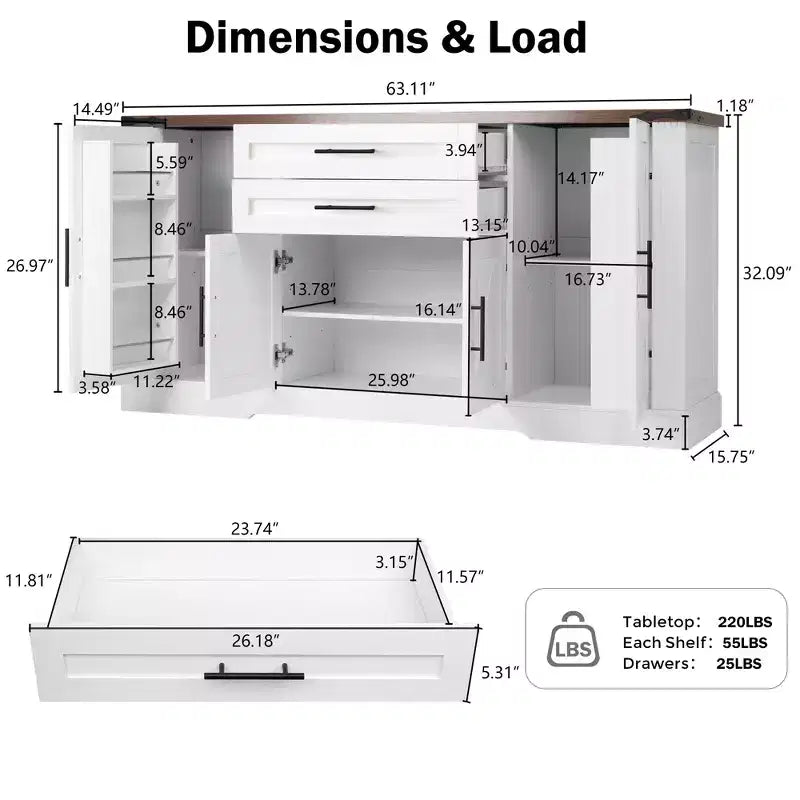 Madia Credenza a Buffet da 63 pollici, Mobile Bar per Ingresso con 2 Cassetti e Ripiani Regolabili, Tavolo Consolle in Legno, Armadietto a Terra
