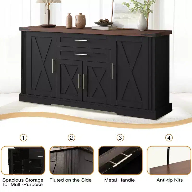 Madia Credenza a Buffet da 63 pollici, Mobile Bar per Ingresso con 2 Cassetti e Ripiani Regolabili, Tavolo Consolle in Legno, Armadietto a Terra