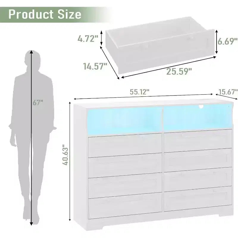 Cassettiera a 8 cassetti con stazione di ricarica e luci LED, Comò moderno con presa di corrente, Armadietto organizer per camera da letto, soggiorno