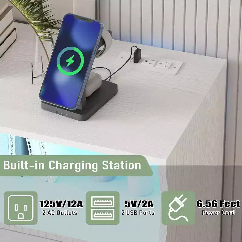 Cassettiera a 8 cassetti con stazione di ricarica e luci LED, Comò moderno con presa di corrente, Armadietto organizer per camera da letto, soggiorno