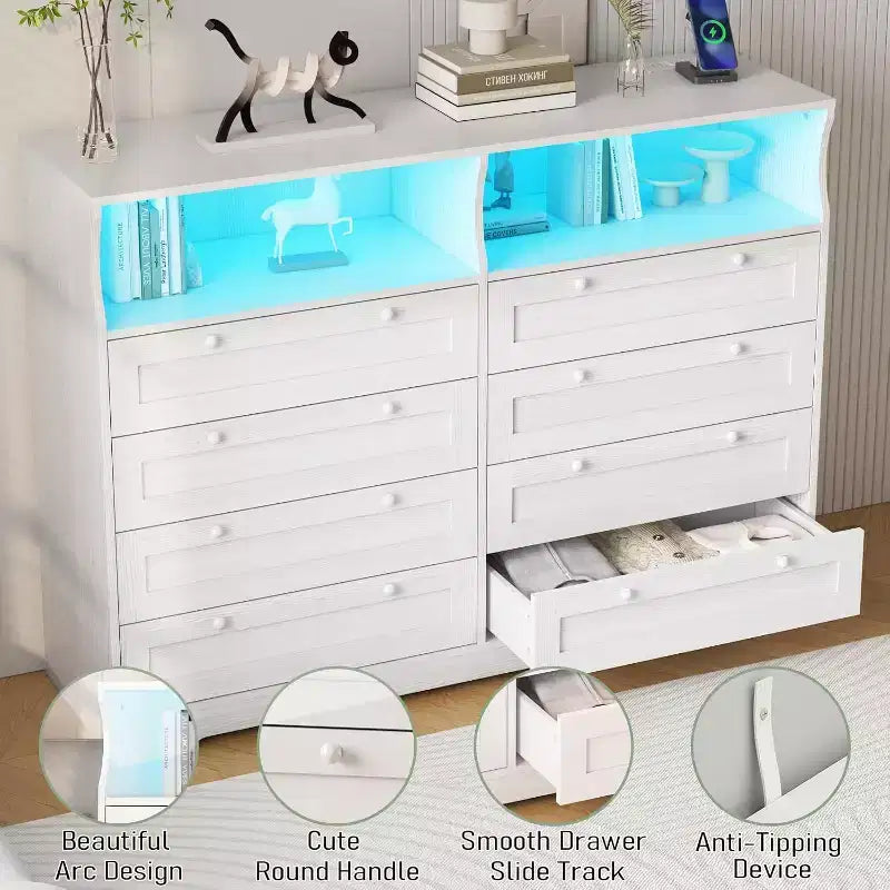 Cassettiera a 8 cassetti con stazione di ricarica e luci LED, Comò moderno con presa di corrente, Armadietto organizer per camera da letto, soggiorno