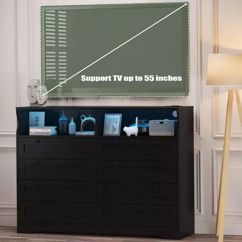 Cassettiera a 8 cassetti con stazione di ricarica e luci LED, Comò moderno con presa di corrente, Armadietto organizer per camera da letto, soggiorno