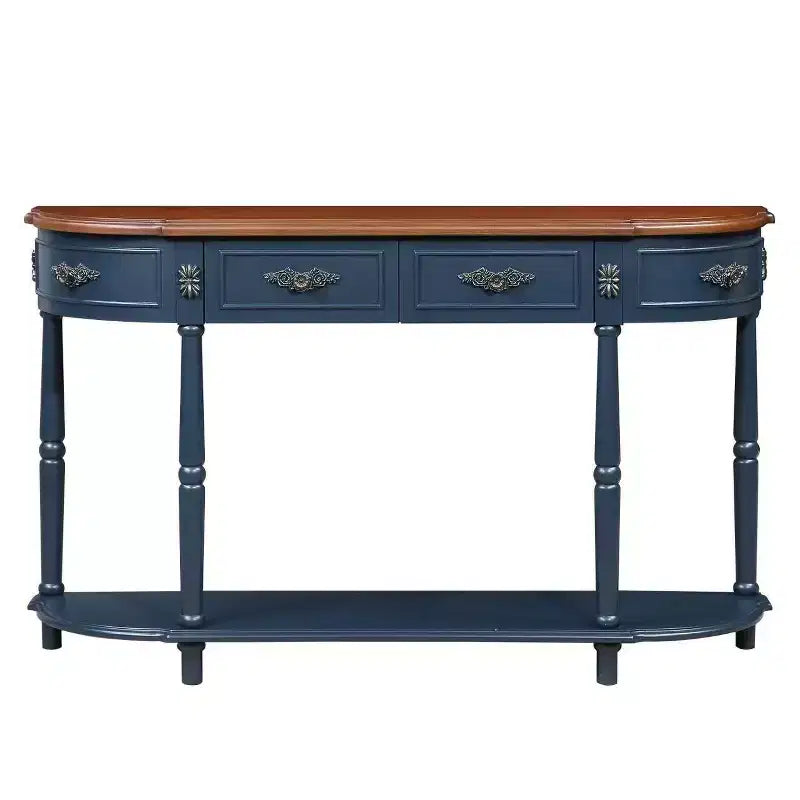 Hostack 52" Tavolo Consolle Retrò Curvo in Legno con Ripiano Aperto e 2 Cassetti per Soggiorno e Ingresso, Blu Navy e Piano Marrone