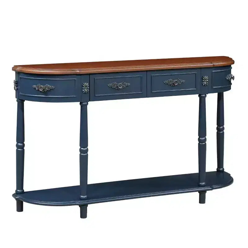 Hostack 52" Tavolo Consolle Retrò Curvo in Legno con Ripiano Aperto e 2 Cassetti per Soggiorno e Ingresso, Blu Navy e Piano Marrone