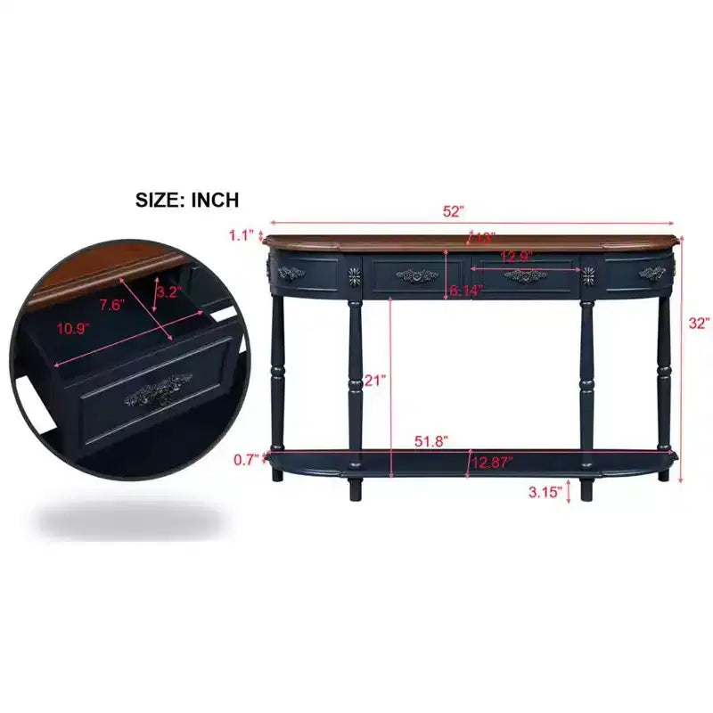 Hostack 52" Tavolo Consolle Retrò Curvo in Legno con Ripiano Aperto e 2 Cassetti per Soggiorno e Ingresso, Blu Navy e Piano Marrone