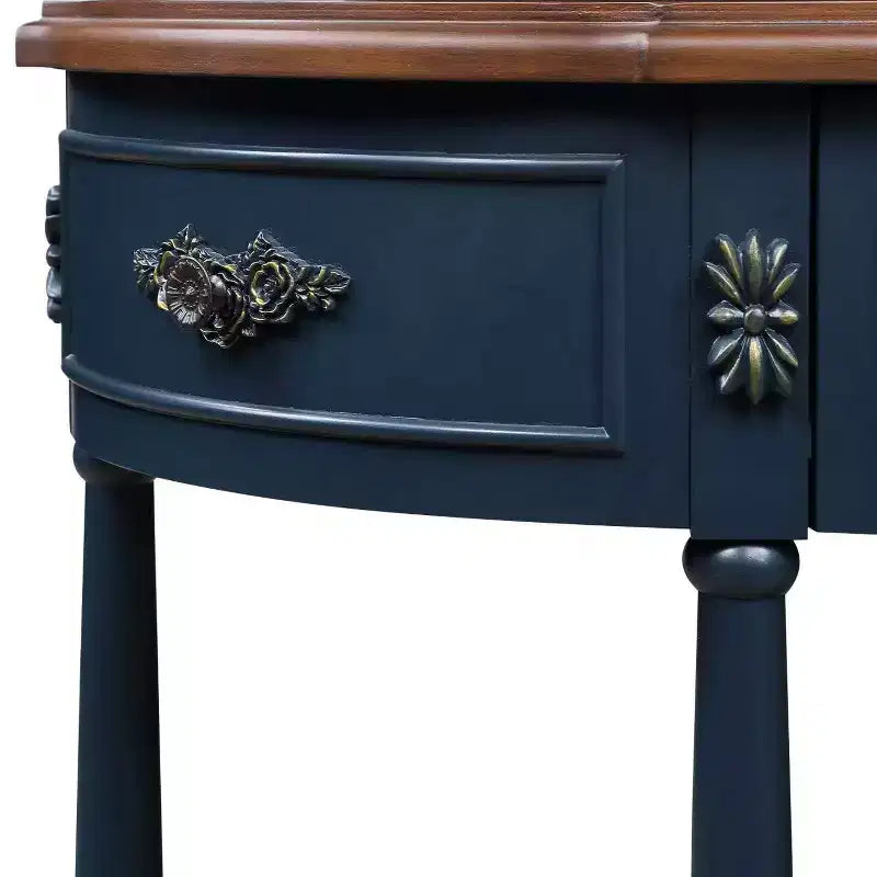 Hostack 52" Tavolo Consolle Retrò Curvo in Legno con Ripiano Aperto e 2 Cassetti per Soggiorno e Ingresso, Blu Navy e Piano Marrone