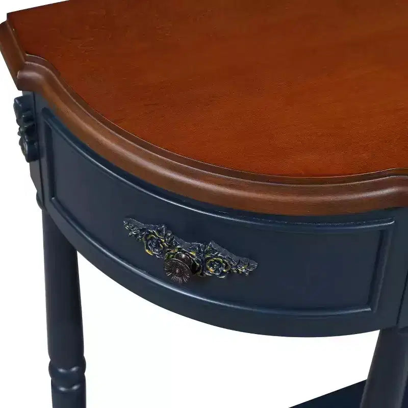 Hostack 52" Tavolo Consolle Retrò Curvo in Legno con Ripiano Aperto e 2 Cassetti per Soggiorno e Ingresso, Blu Navy e Piano Marrone