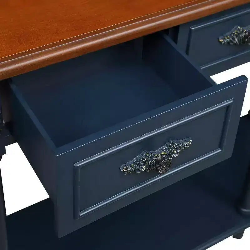 Hostack 52" Tavolo Consolle Retrò Curvo in Legno con Ripiano Aperto e 2 Cassetti per Soggiorno e Ingresso, Blu Navy e Piano Marrone