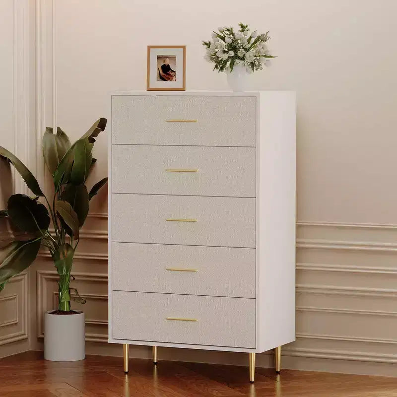 Tall Narrow Wooden White 5 Drawer Dresser with Gold Metal Handles and Legs for Bedroom, Living Room, Entryway