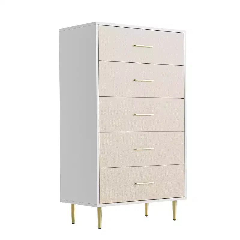 Comò alto e stretto in legno bianco a 5 cassetti con maniglie e gambe in metallo dorato per camera da letto, soggiorno, ingresso