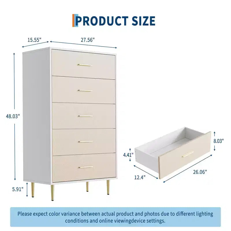 Comò alto e stretto in legno bianco a 5 cassetti con maniglie e gambe in metallo dorato per camera da letto, soggiorno, ingresso