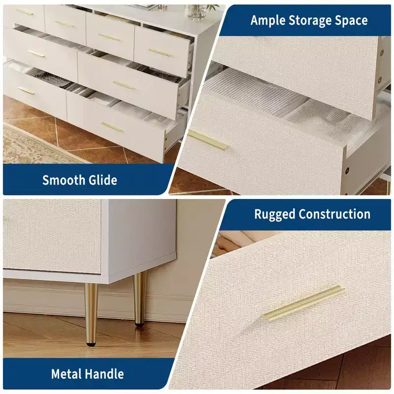 Comò alto e stretto in legno bianco a 5 cassetti con maniglie e gambe in metallo dorato per camera da letto, soggiorno, ingresso