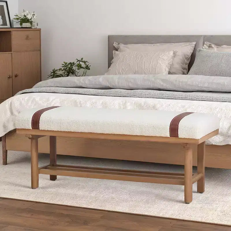 Panca imbottita in pile Teddy Bekrvio da 44 pollici con struttura in legno massiccio, panca moderna di metà secolo con cinghie in PU per soggiorno, camera da letto