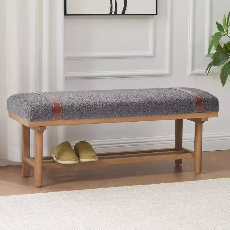 Bekrvio 44-Inch Teddy Fleece Upholstered Bench  Solid Wood Frame,Mid Century Modern Bench with PU Straps for Living Room, Bedroom