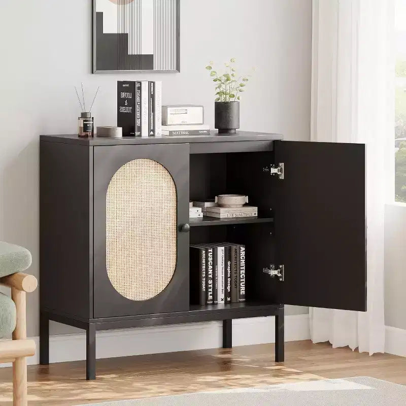 Mobile buffet in rattan con ripiano regolabile, credenza rustica bohémien per sala da pranzo, ingresso e soggiorno