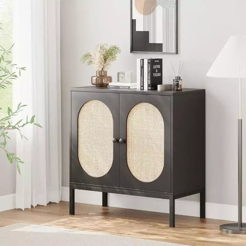 Mobile buffet in rattan con ripiano regolabile, credenza rustica bohémien per sala da pranzo, ingresso e soggiorno
