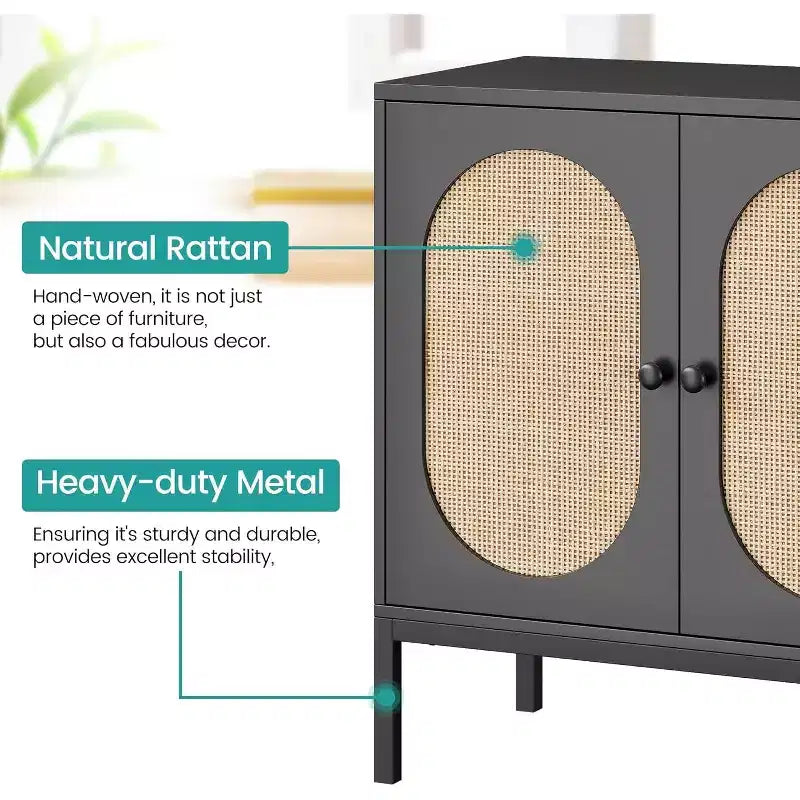 Mobile buffet in rattan con ripiano regolabile, credenza rustica bohémien per sala da pranzo, ingresso e soggiorno