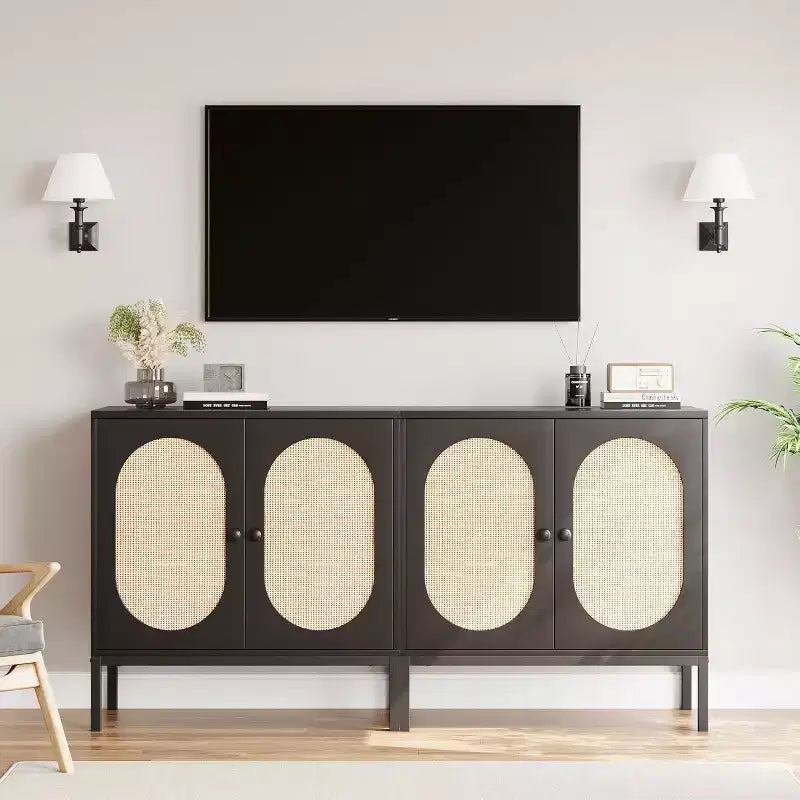 Mobile buffet in rattan con ripiano regolabile, credenza rustica bohémien per sala da pranzo, ingresso e soggiorno