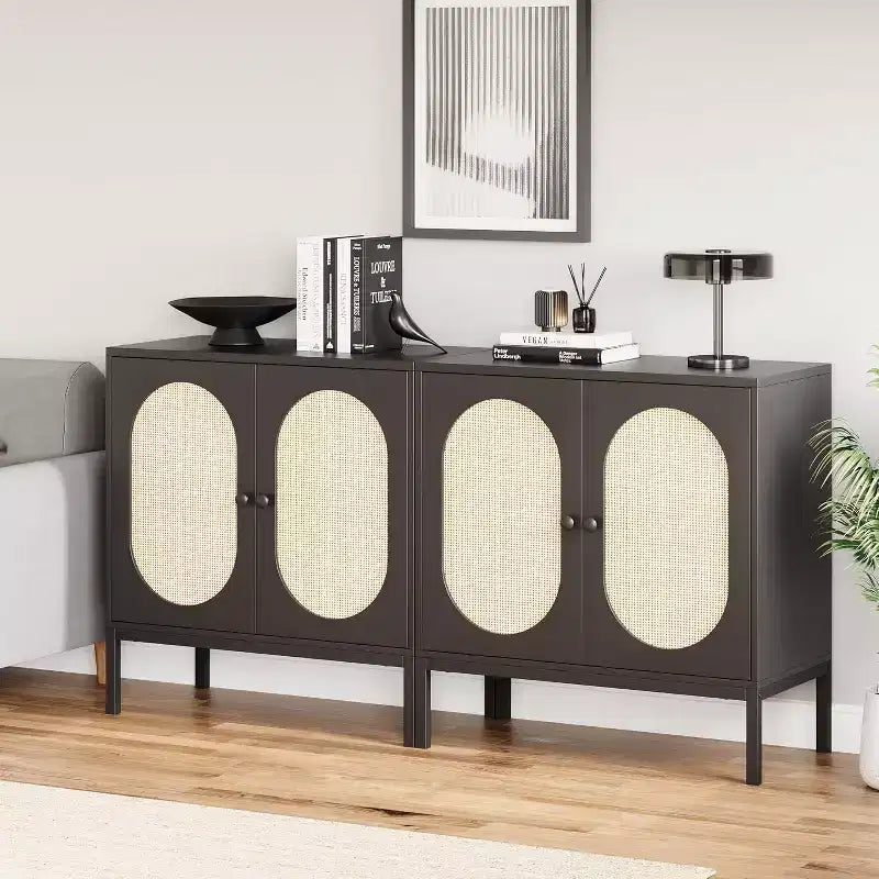 Mobile buffet in rattan con ripiano regolabile, credenza rustica bohémien per sala da pranzo, ingresso e soggiorno