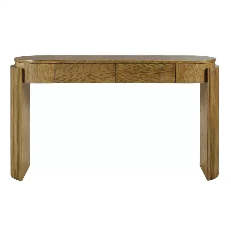 Tavolo Console Luxystar con Finitura a Grana di Legno Naturale, Piano Ovale e 2 Cassetti per Ingresso e Soggiorno, Legno di Pino