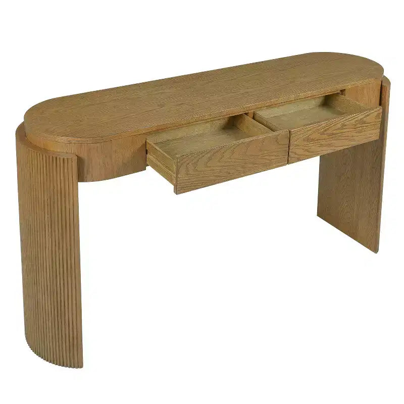 Tavolo Console Luxystar con Finitura a Grana di Legno Naturale, Piano Ovale e 2 Cassetti per Ingresso e Soggiorno, Legno di Pino