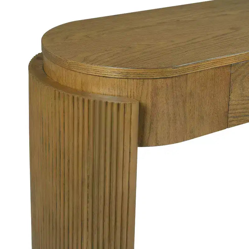 Tavolo Console Luxystar con Finitura a Grana di Legno Naturale, Piano Ovale e 2 Cassetti per Ingresso e Soggiorno, Legno di Pino