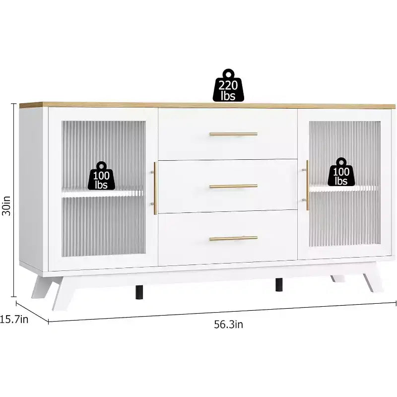 COZONY Mobile Credenza Buffet Moderno con Ante in Vetro Scanalato e 3 Cassetti, Ripiano Regolabile, Console per Sala da Pranzo o Soggiorno