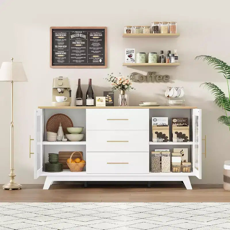 COZONY Mobile Credenza Buffet Moderno con Ante in Vetro Scanalato e 3 Cassetti, Ripiano Regolabile, Console per Sala da Pranzo o Soggiorno