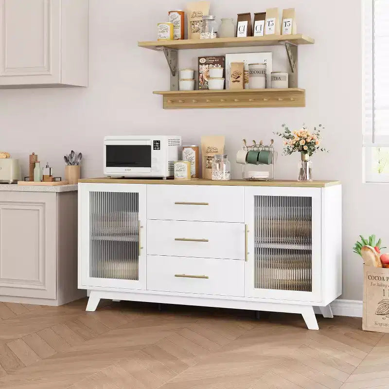 COZONY Mobile Credenza Buffet Moderno con Ante in Vetro Scanalato e 3 Cassetti, Ripiano Regolabile, Console per Sala da Pranzo o Soggiorno
