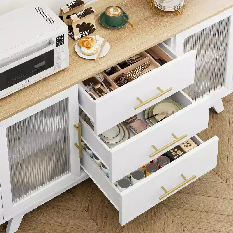 COZONY Mobile Credenza Buffet Moderno con Ante in Vetro Scanalato e 3 Cassetti, Ripiano Regolabile, Console per Sala da Pranzo o Soggiorno