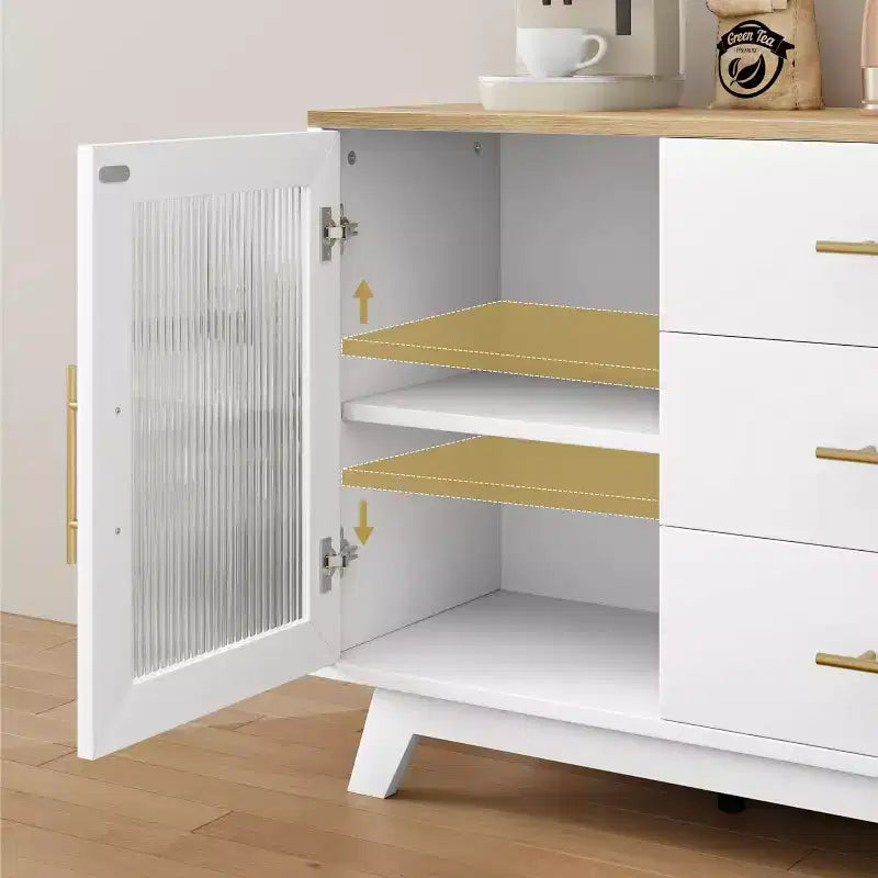 COZONY Mobile Credenza Buffet Moderno con Ante in Vetro Scanalato e 3 Cassetti, Ripiano Regolabile, Console per Sala da Pranzo o Soggiorno