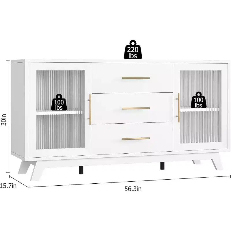 COZONY Mobile Credenza Buffet Moderno con Ante in Vetro Scanalato e 3 Cassetti, Ripiano Regolabile, Console per Sala da Pranzo o Soggiorno