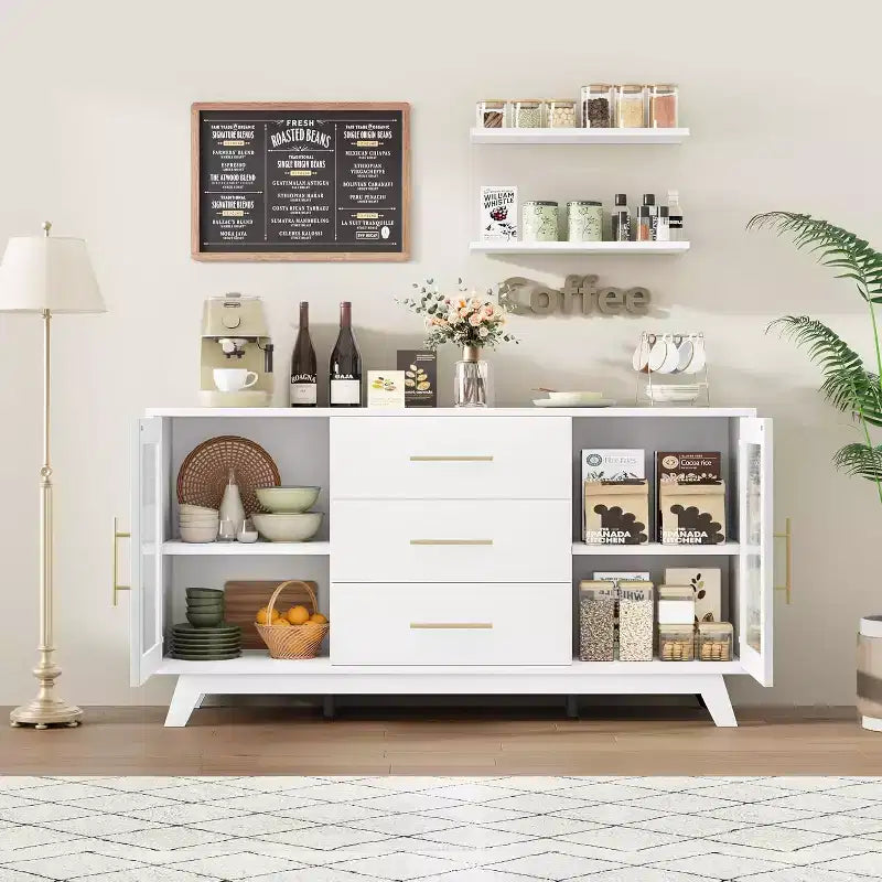 COZONY Mobile Credenza Buffet Moderno con Ante in Vetro Scanalato e 3 Cassetti, Ripiano Regolabile, Console per Sala da Pranzo o Soggiorno