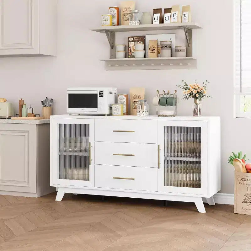 COZONY Mobile Credenza Buffet Moderno con Ante in Vetro Scanalato e 3 Cassetti, Ripiano Regolabile, Console per Sala da Pranzo o Soggiorno