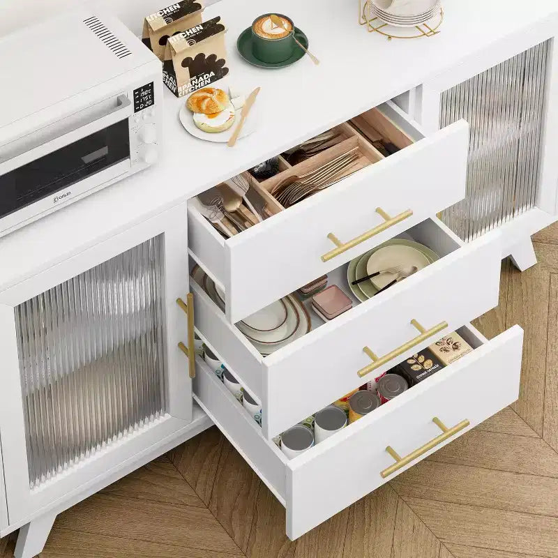 COZONY Mobile Credenza Buffet Moderno con Ante in Vetro Scanalato e 3 Cassetti, Ripiano Regolabile, Console per Sala da Pranzo o Soggiorno