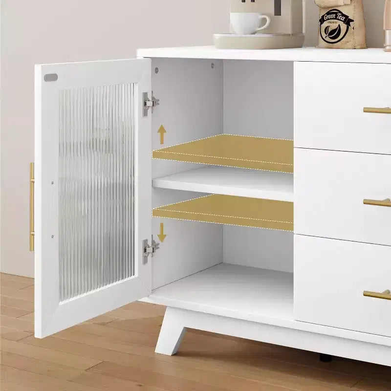 COZONY Mobile Credenza Buffet Moderno con Ante in Vetro Scanalato e 3 Cassetti, Ripiano Regolabile, Console per Sala da Pranzo o Soggiorno